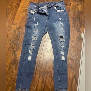 Distressed Women's Skinny Jeans - Dark Blue